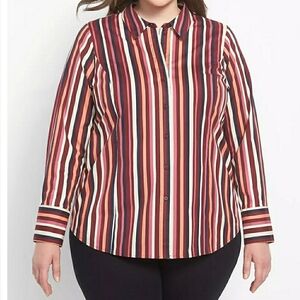Lane Bryant Striped Button-Down Shirt Featuring a Vertical Multi-Color Pattern. 